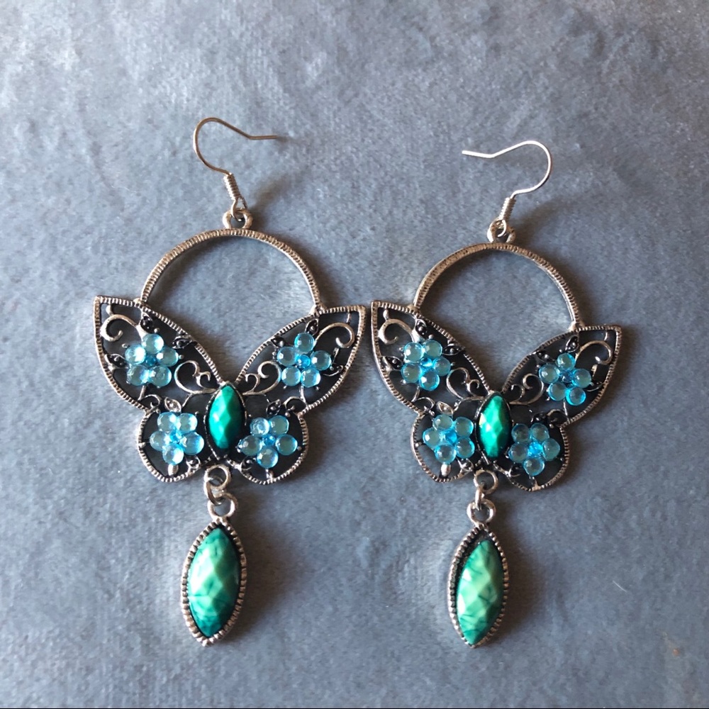 2/$20 Teal Turquoise Butterfly Earrings Silver Tone Long - Picture 2 of 6